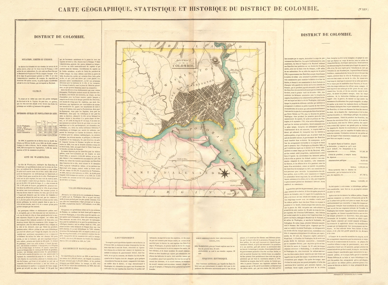 'District de Colombie'. Washington DC. The original 100 sq miles.BUCHON 1825 map